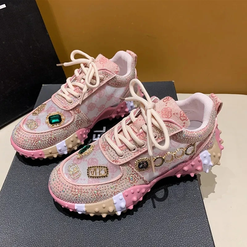 Shoes for Women 2023 Summer Full Diamond Vintage Color Block Dad Shoes Thick Sole Elevated Letter Casual Shoes Women Sneakers