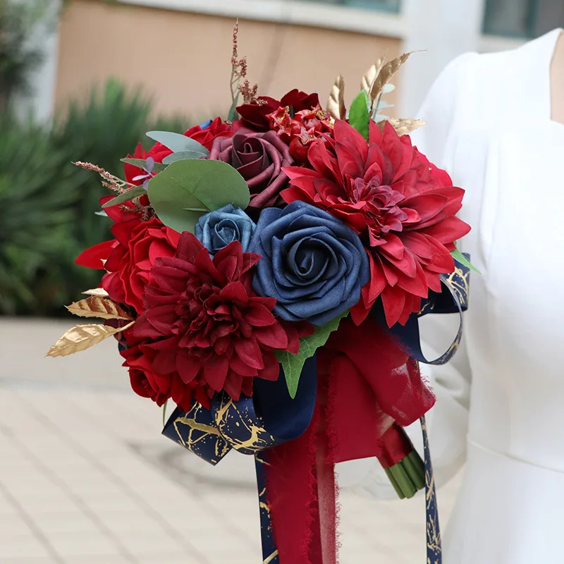 SPH051 Simulated Wine Red Royal Blue Bride Holding Artificial Flowers Traditional Chinese Marriage Bridal Bouquet For Wedding