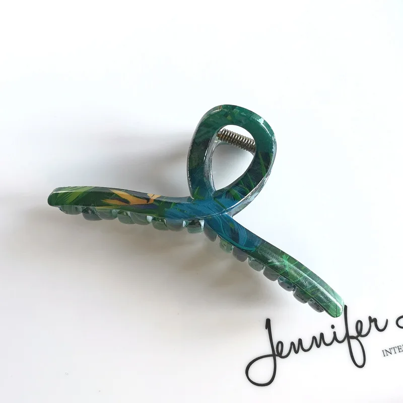 11cm Large Hair Dress Elegant Cross Shape Flower Printed Acrylic Resin White Hair Claw Clip for Girls and Lady