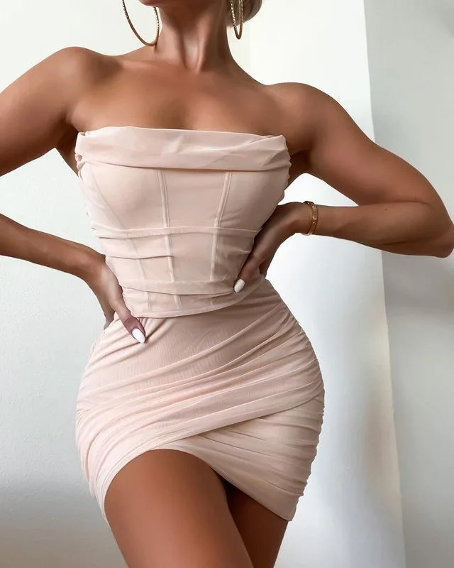 KHT4623 European and American summer women sexy mesh fishbone pleated collar pleated tube top dresses