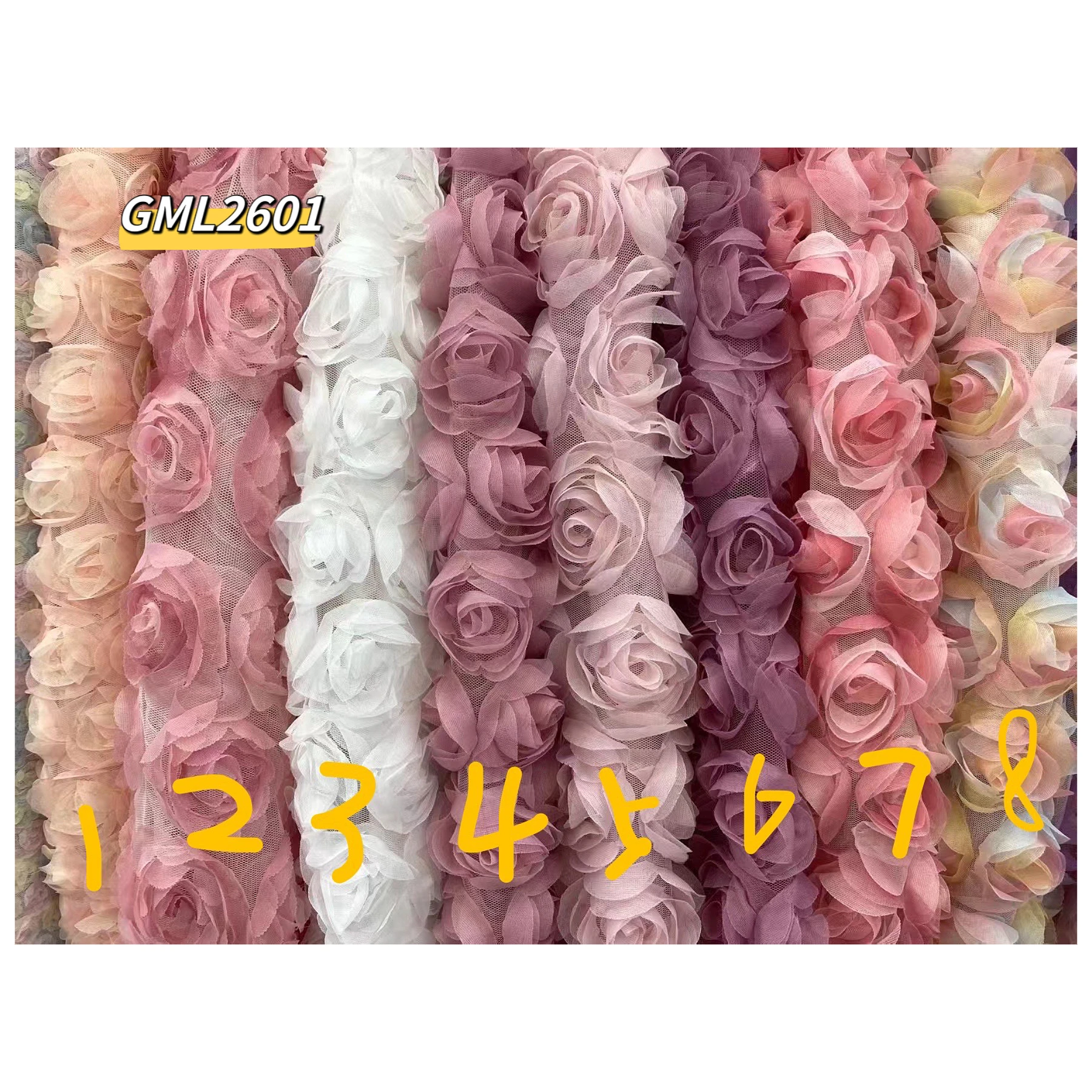 Heavy industry mesh three-dimensional rose chiffon embroidery tape cloth dress gradual tulle crochet wedding lace fabric