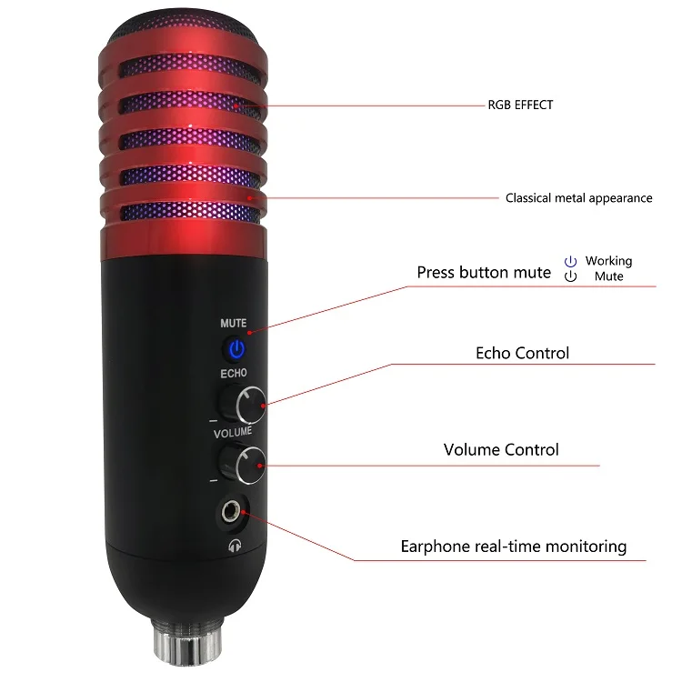 Factory Direct Sale RGB Condenser USB Desktop Computer Microphone Gaming Youtube Recording Studio for PC