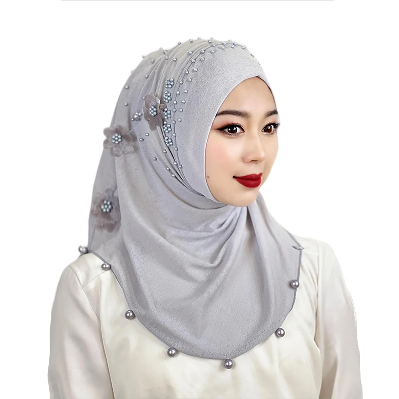 High Quality Muslim Pearl Shawl Pin Beaded Design Women Flower Instant Headscarf Islamic Satin Ladies Hijab