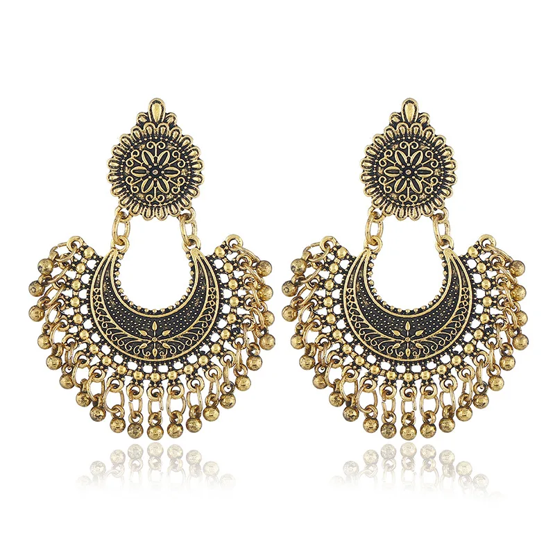 Factory Wholesale Ethnic Style Vintage Antique Gold Alloy Carved Beads Tassel India Jhumka Earring Jewelry