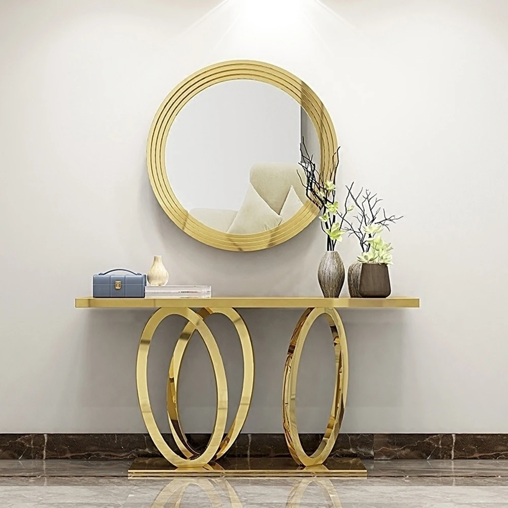 Luxury Living Room Furniture Gold Hallway Mirror Marble Glass Gold Metal Frame Console Table for Home