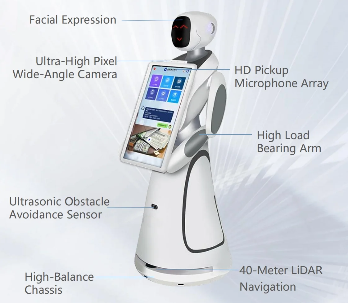 Widely using  AI service robot welcome guiding robot