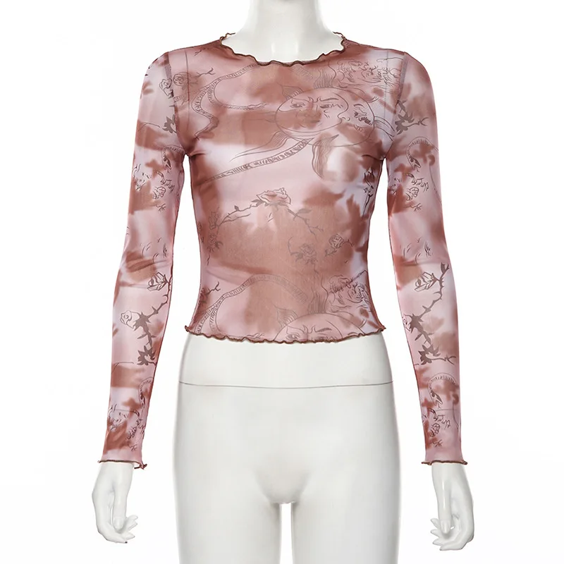 
 Повседневный базовый сетчатый топ с принтом для женщин 2021 модные сексуальные прозрачные эластичные облегающие мягкие футболки с оборками  