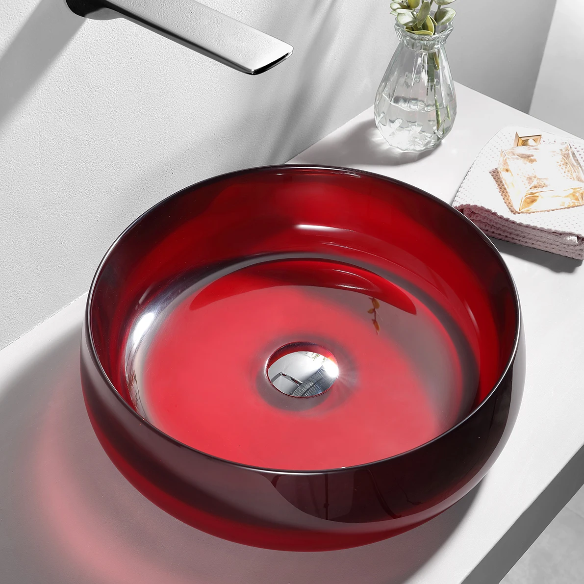 D15.7 'прозрачный кристально-красный раковина для ванной комнаты, полимерный камень, твердая поверхность, столешница, раковина d400 мм для отеля