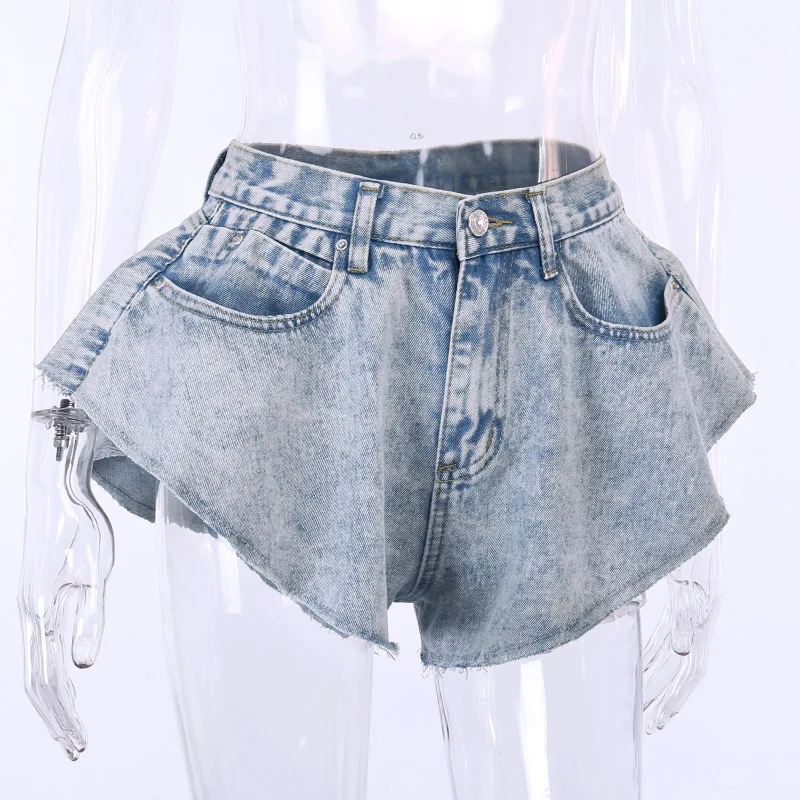 
Wholesale Fashion 2021 Summer Elegant Casual Irregularity Wide Leg With Pocket Denim Hot Shorts for Women Sexy Jeans Shorts 
