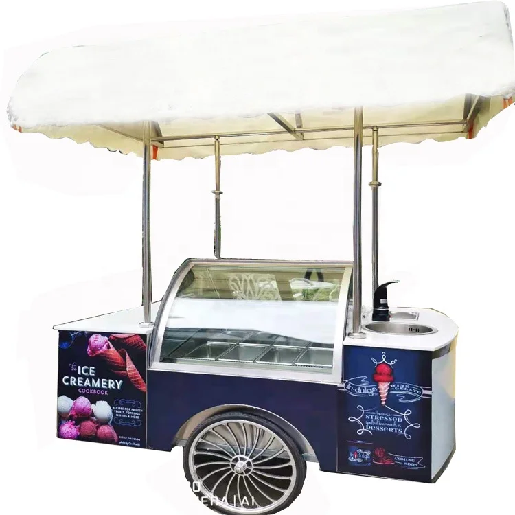 14 Trays Popular Street Application Gelato Cart Italian Ice Cream Push Cart with Wash Basin and Faucet Convenient Ice Cream Cart