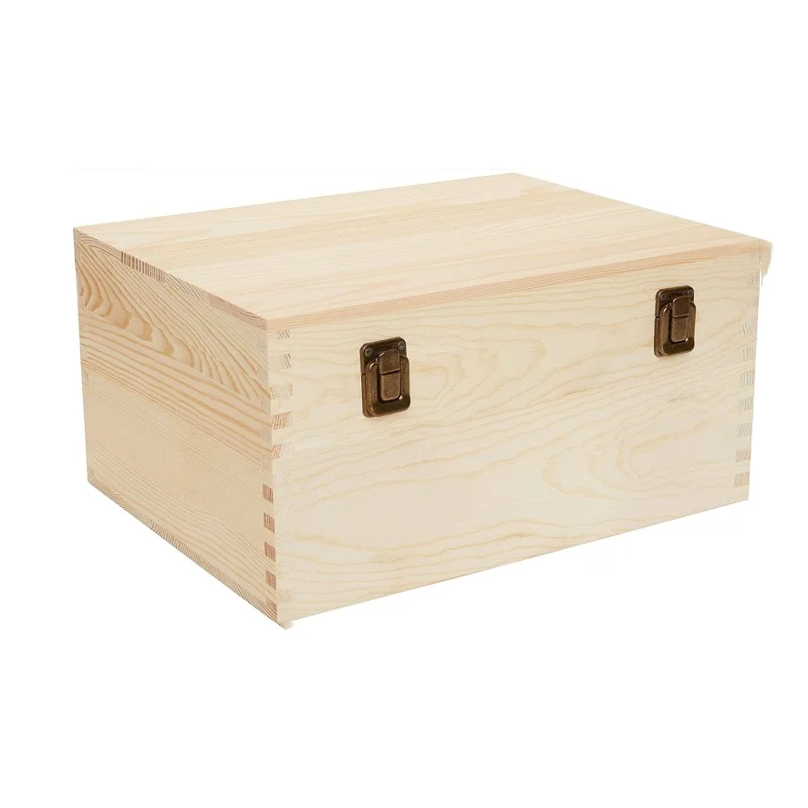 Hinged Lid, 2 Clasps, Heavy-Duty Thick Pine Wooden DIY Storage Box Extra Large Unfinished Pine Wood Box