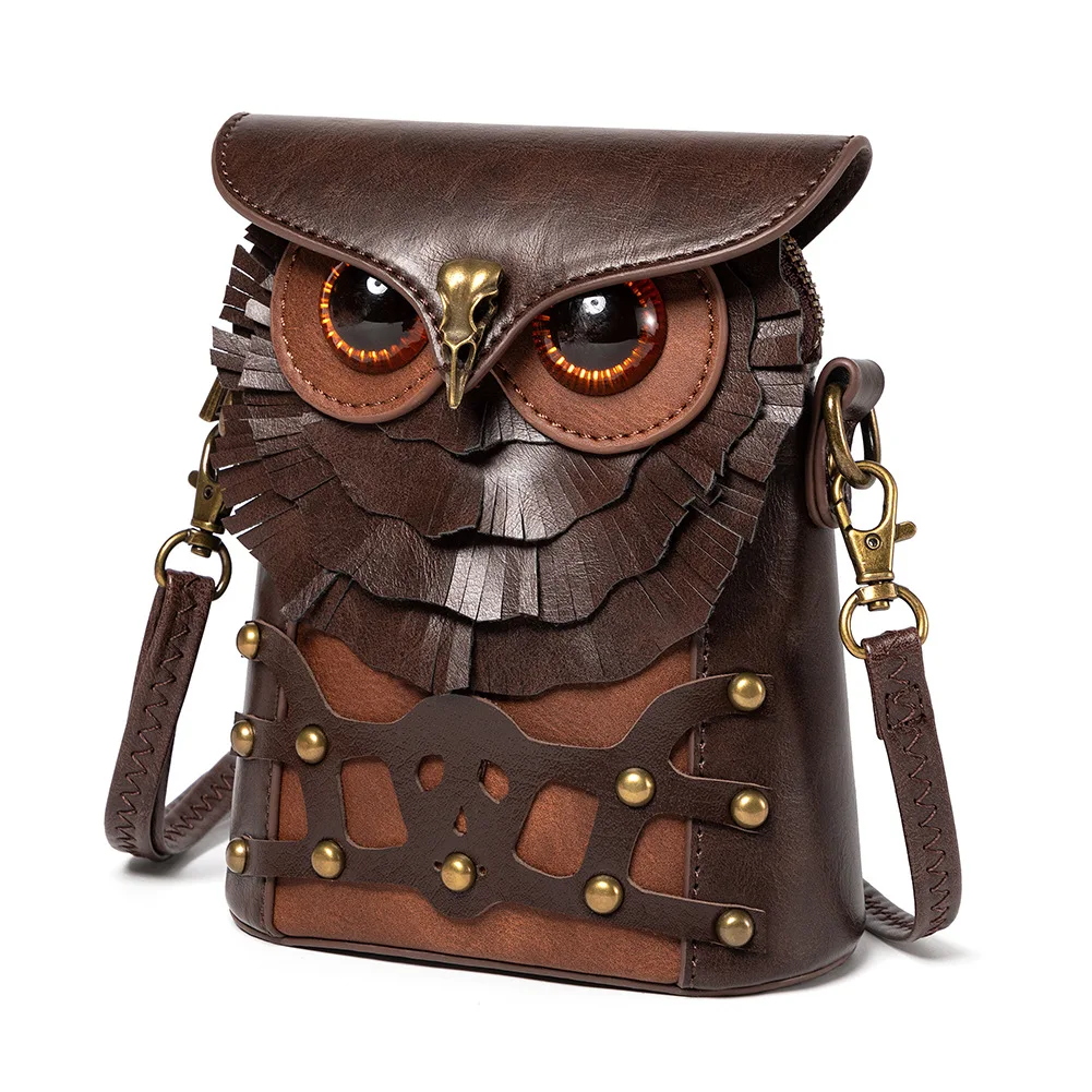Midcentury steampunk Halloween Owl Backpack Cool Style PU Leather Cartoon Owl Backpack Female Personality Daypack