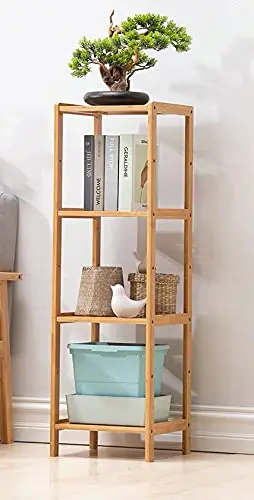 Bamboo Book Shelf 4-Tier Wood Bookcase Free Standing Book Shelves Organization Multifunction Bookshelf Plant Stand