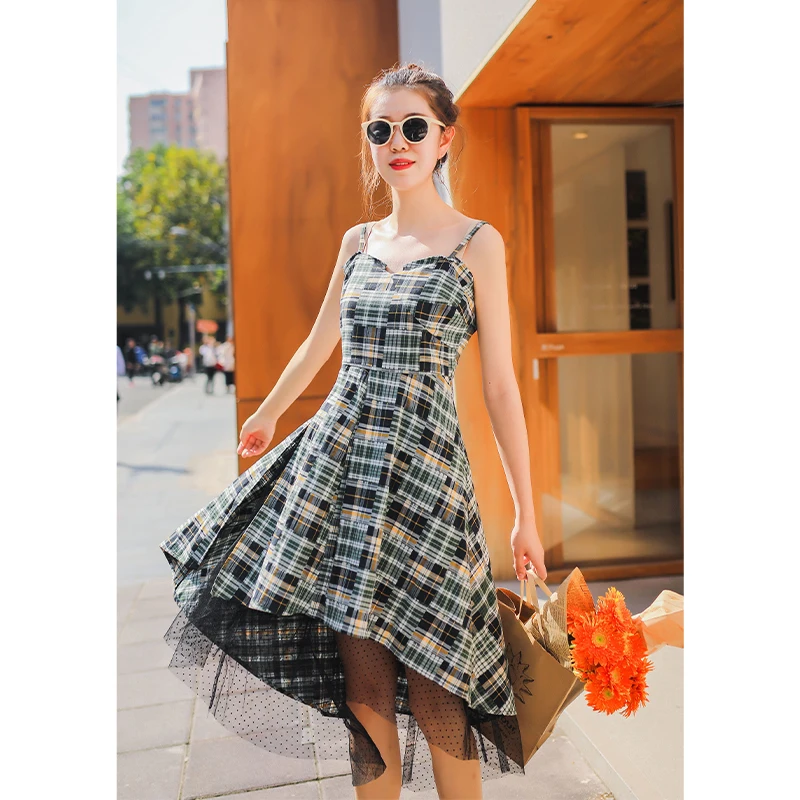 
Original retro plaid high quality custom suspender long ladies summer vacation dress 