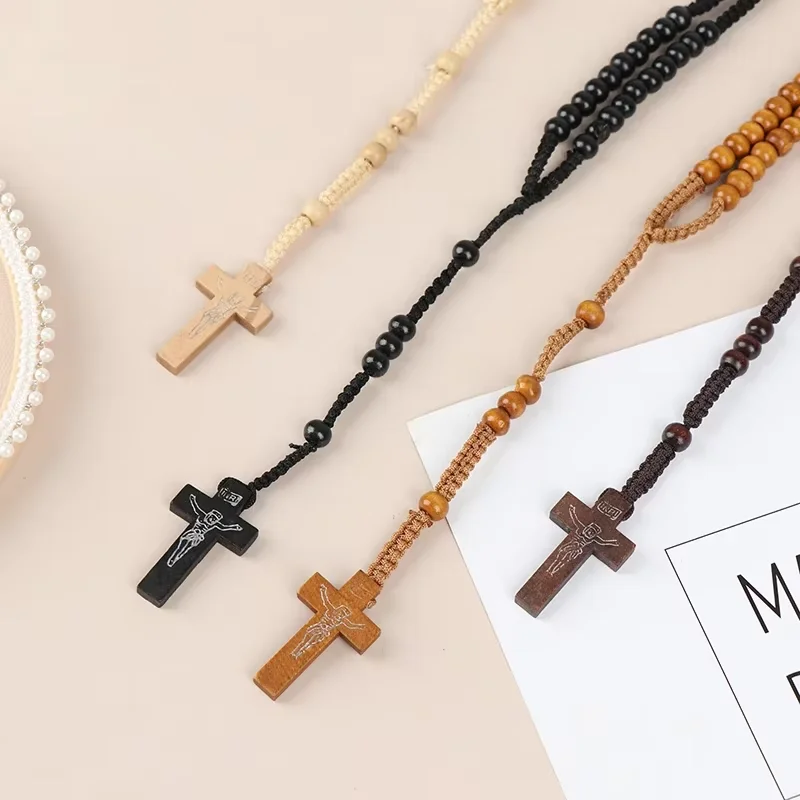 Jesus Cross Pendant Natural Wood Beads Jewelry Religious Catholic Rosary Necklace Christian prayer beads Gifts