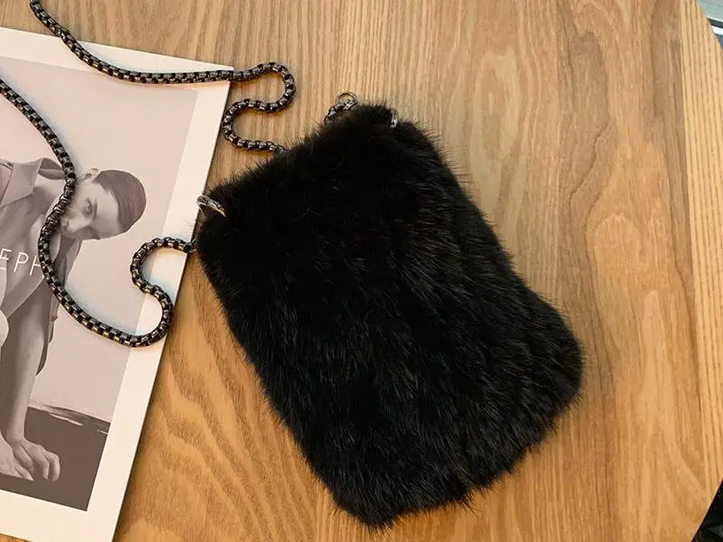 Handmade real mink fur bag knitted style mini fur purse women luxury fur shoulder phone case