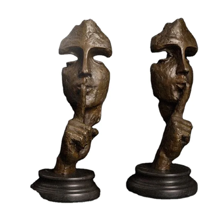 DS-704 Bronze Statue Man Face Keep Silence Sculpture Novelty Vintage Art Human Head Bust Figurine for Home Decoration Desktop Di