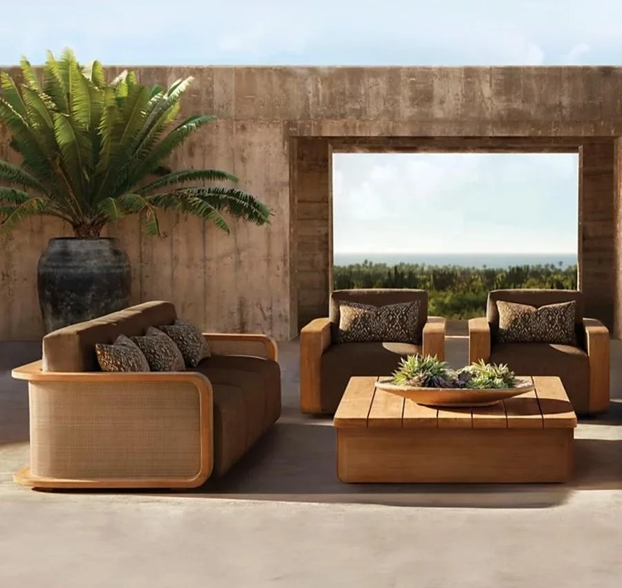 High Quality Hand Woven Rope Sofa and Table Set Furniture Teak Wood Terrace Villa Waterproof Outdoor Furniture Modern Nordic