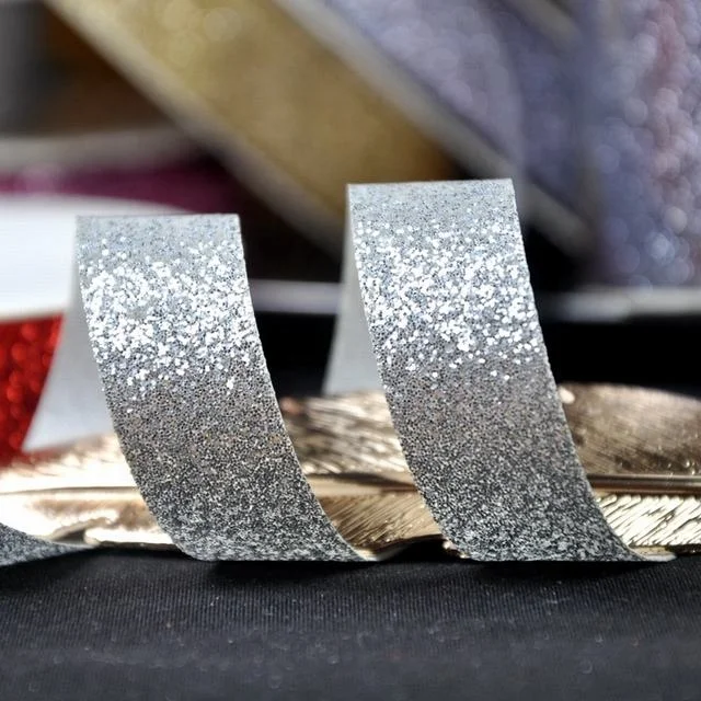 Sunjoy Factory Hot Sale 100% Polyester Glitter Sliver Double Face Satin Ribbon 1.5 inches For Christmas Gift Decorating