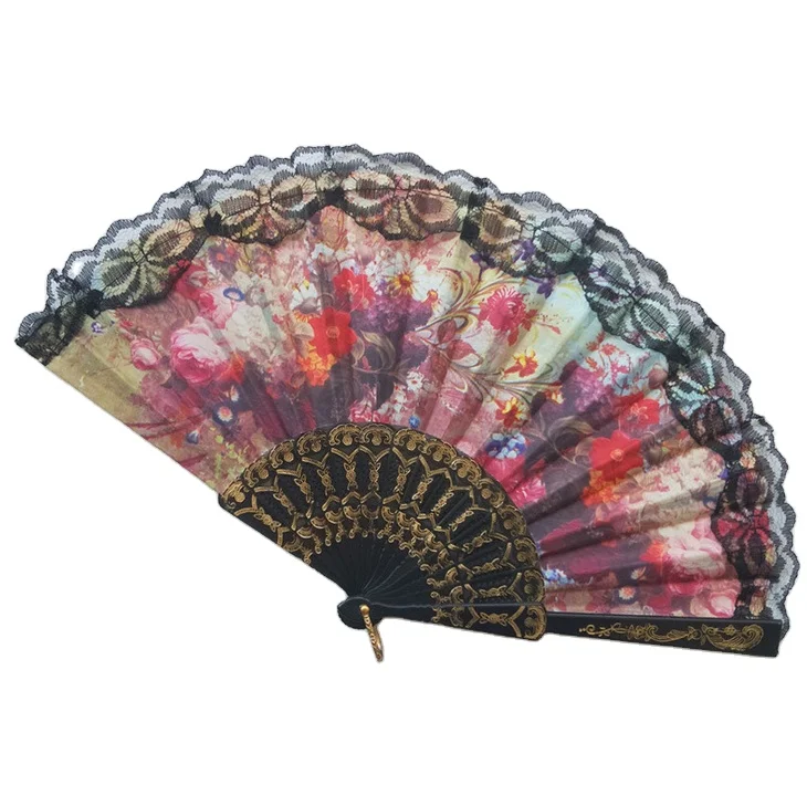 Classic Style Flower Fabric Plastic Folding Dance Hand Fan Beige Summer Vintage Plastic Folding Hand Held Fan Chinese Dance