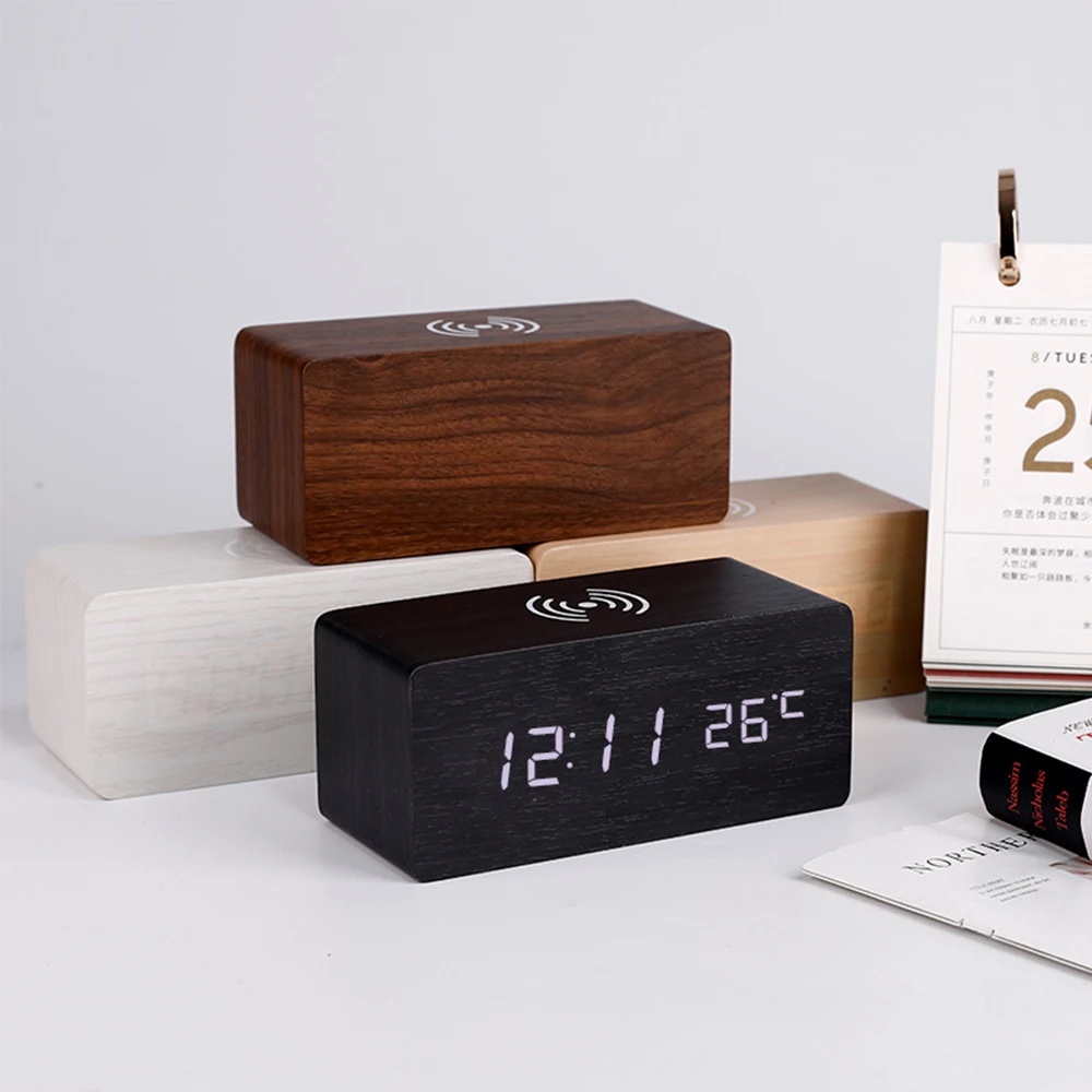 Modern wooden digital LED desktop alarm thermometer with Qi wireless charging board clock