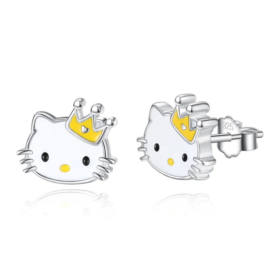 Wholesales White Gold Plated High Quality Enamel Cute Cat Hello Kitty Stud Kids Girl Earrings 925 Sterling Silver