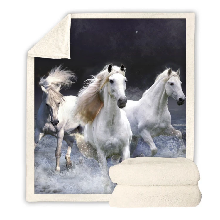 BSCI CVS Warm Fluffy Horse Animal Sherpa flannel 2 Ply Blanket Decorative custom print double layer sublimation Throw blanket