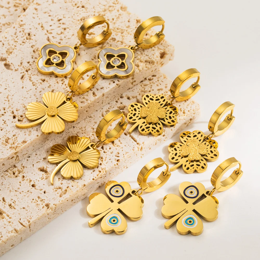 Ruisibai Fashion 18k Gold Plated Huggie Earrings For Women Girls Valentines Day Gifts Simple Clover Drop Earrings