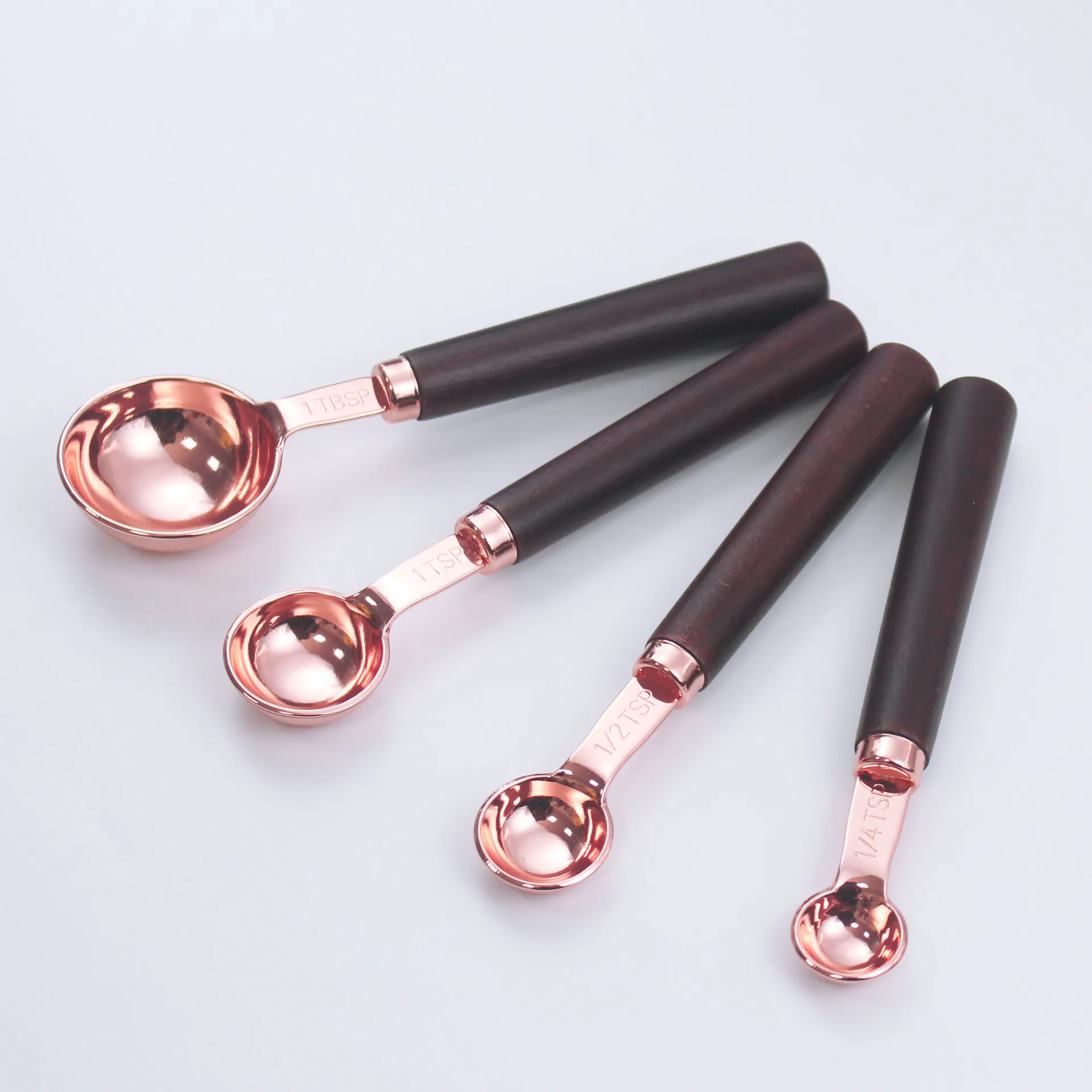 Rose Gold Stainless Steel Measuring Cups And Spoons Set with Wooden Handle Kitchen Baking Tools