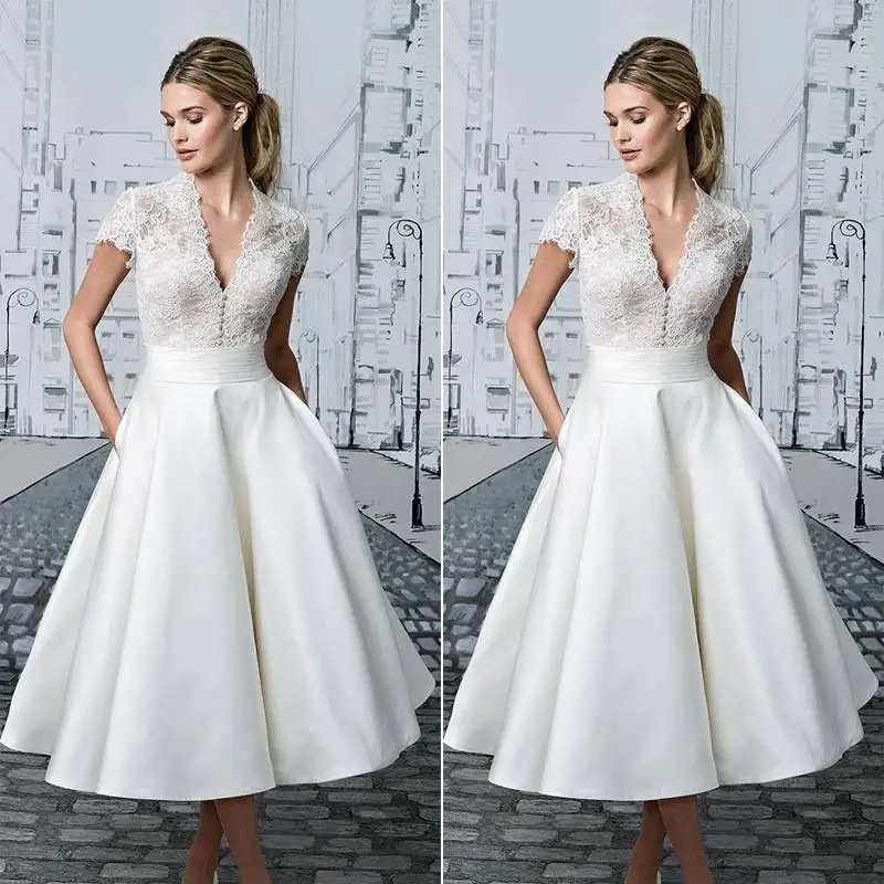 
European and American pure white lace stitching buckle banquet temperament dress fashion slim wedding dress V-neck dress 
