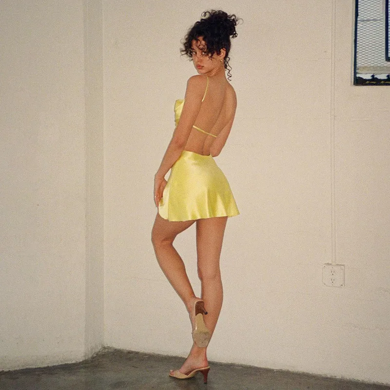 2022 New Summer Women Solid Color Sling Twist Sexy Backless Dress Hollow Out a-line Dress Fashion Holiday Mini Casual Dress