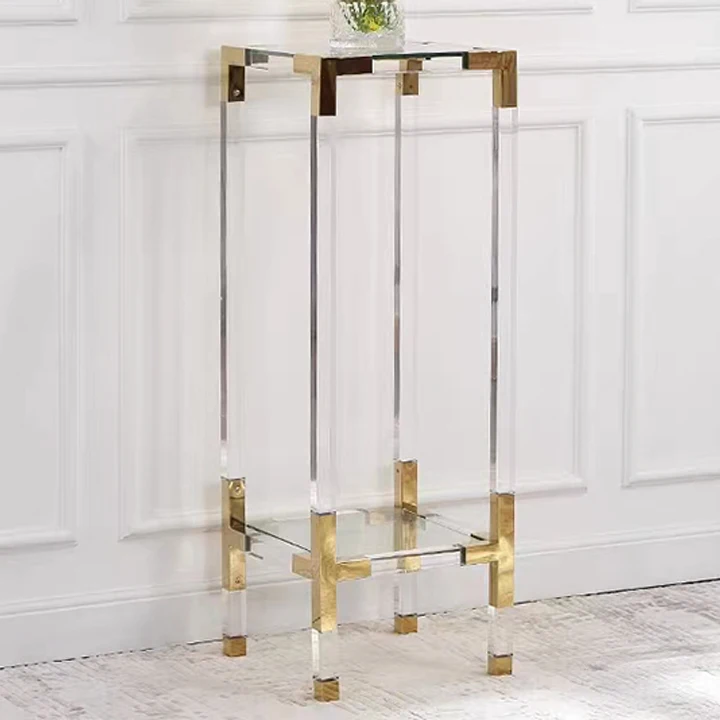 Transparent acrylic wedding flower stand side table brushed metal brass square office living room bedroom can be customized