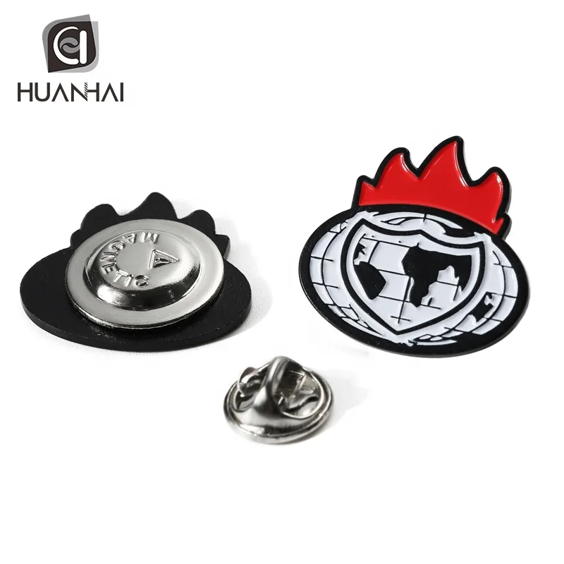 custom black metal fire logo soft enamel magnetic badge pin