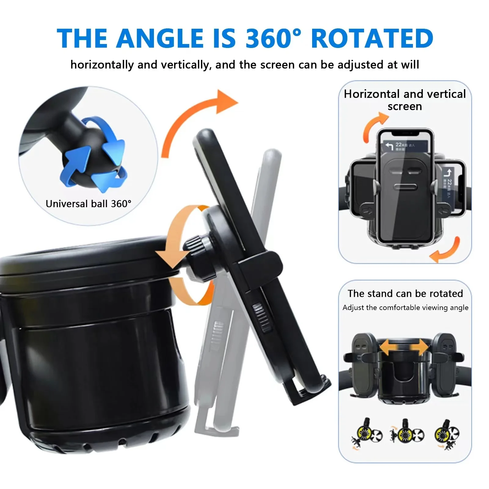 Stroller Cup Holder 3 IN 1Phone Organizer Holder Adjustable Drink Holder For Stroller Walker 360 Degrees