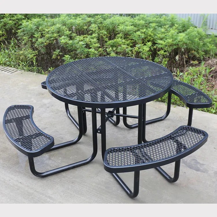 portable outdoor commercial expanded metal picnic camping table with bench outside steel dining cafe chair and table