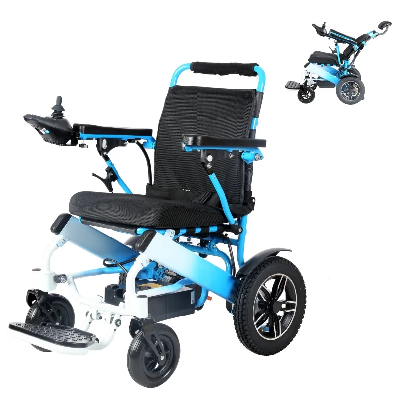 Modern Blue and White Gradient Manual Tilt and Folding Electric Wheelchair with remote controller option