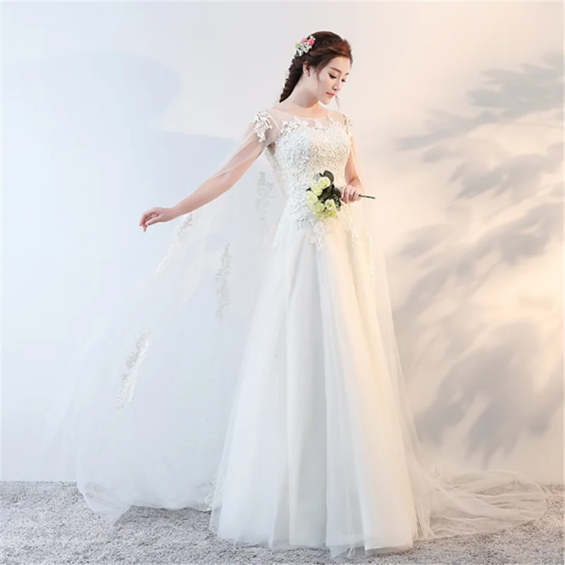 2020 vestidos de novia illusion neck elegant short sleeves cloak style puffy bridal dress wedding gown