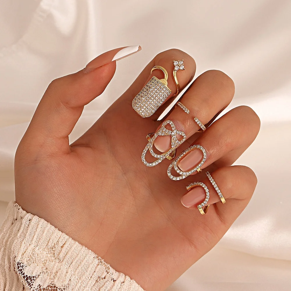 2024 Fashion Copper Inlaid Zircon Nail Ring INS Selling Gold Plated Color Manicure Joint Ring for Women Trend Party Jewelry