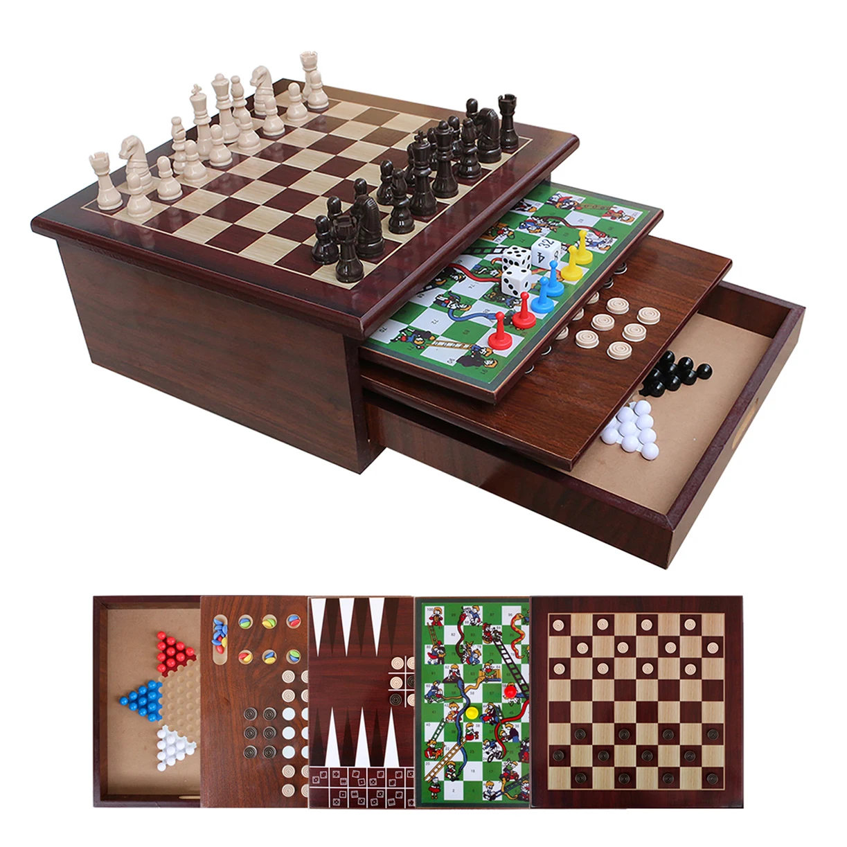 10-in-1 Chess Checkers Tic Tac Toe backgammon ludo mancala Solitaire Wooden board Game Set