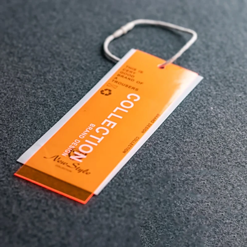 
Custom tags designer orange PVC paper hangtag with string loop 