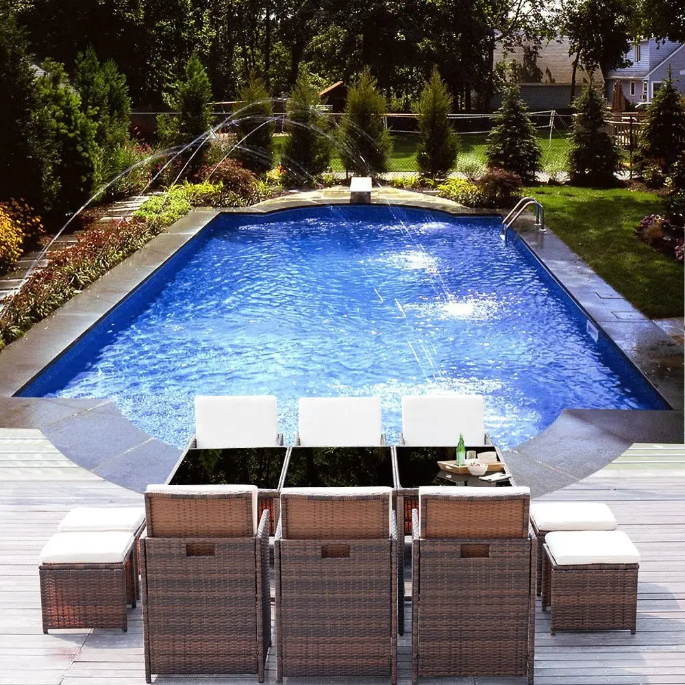 11 pieces Garden Sets Outdoor Furniture Dining Set Rattan Furniture Cushioned Tempered Glass W/Ottoman Brown(PE Rattan)