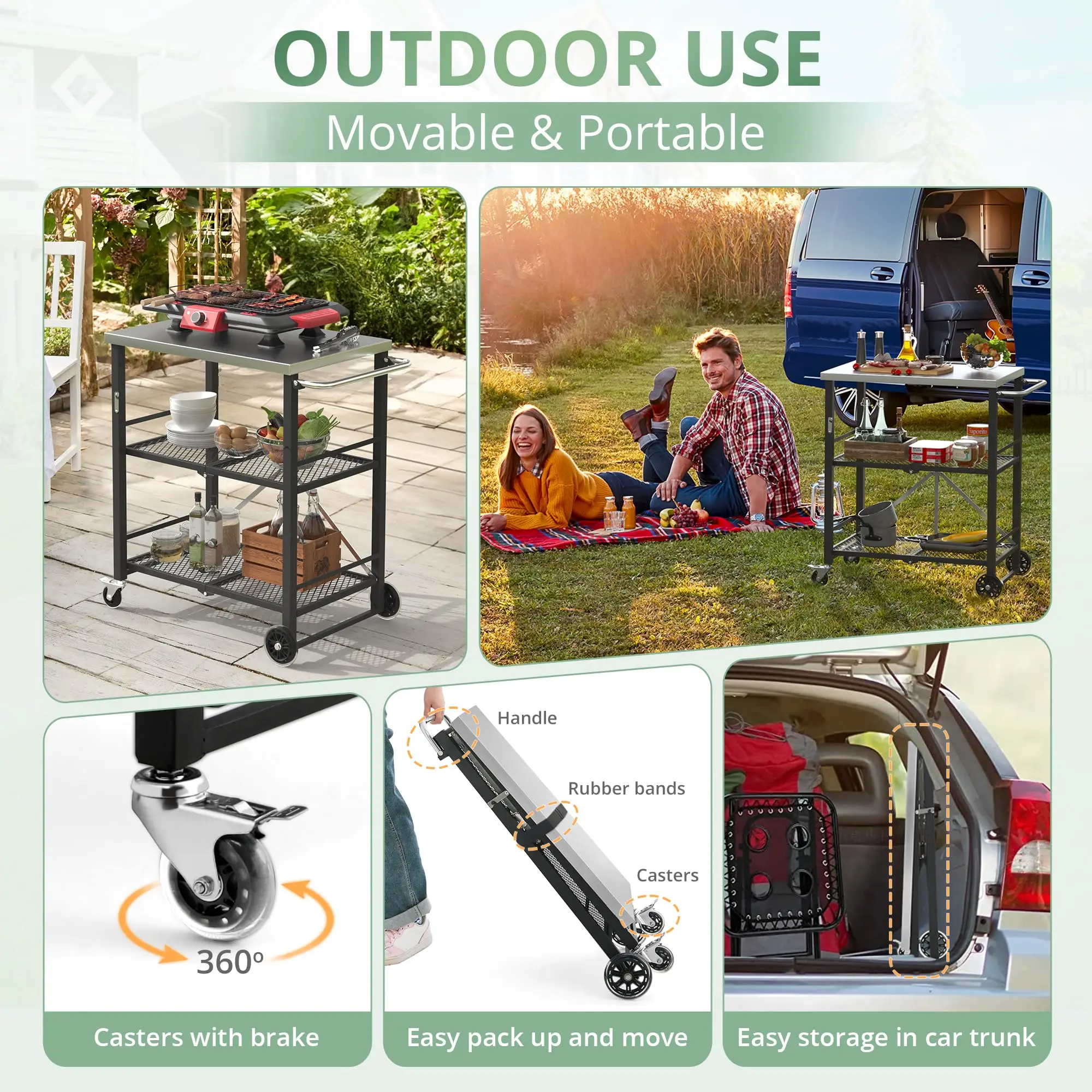 AJUNION Stainless Steel Outdoor Grill Cart Foldable Outdoor Kitchen BBQ Island with 3 Shelf