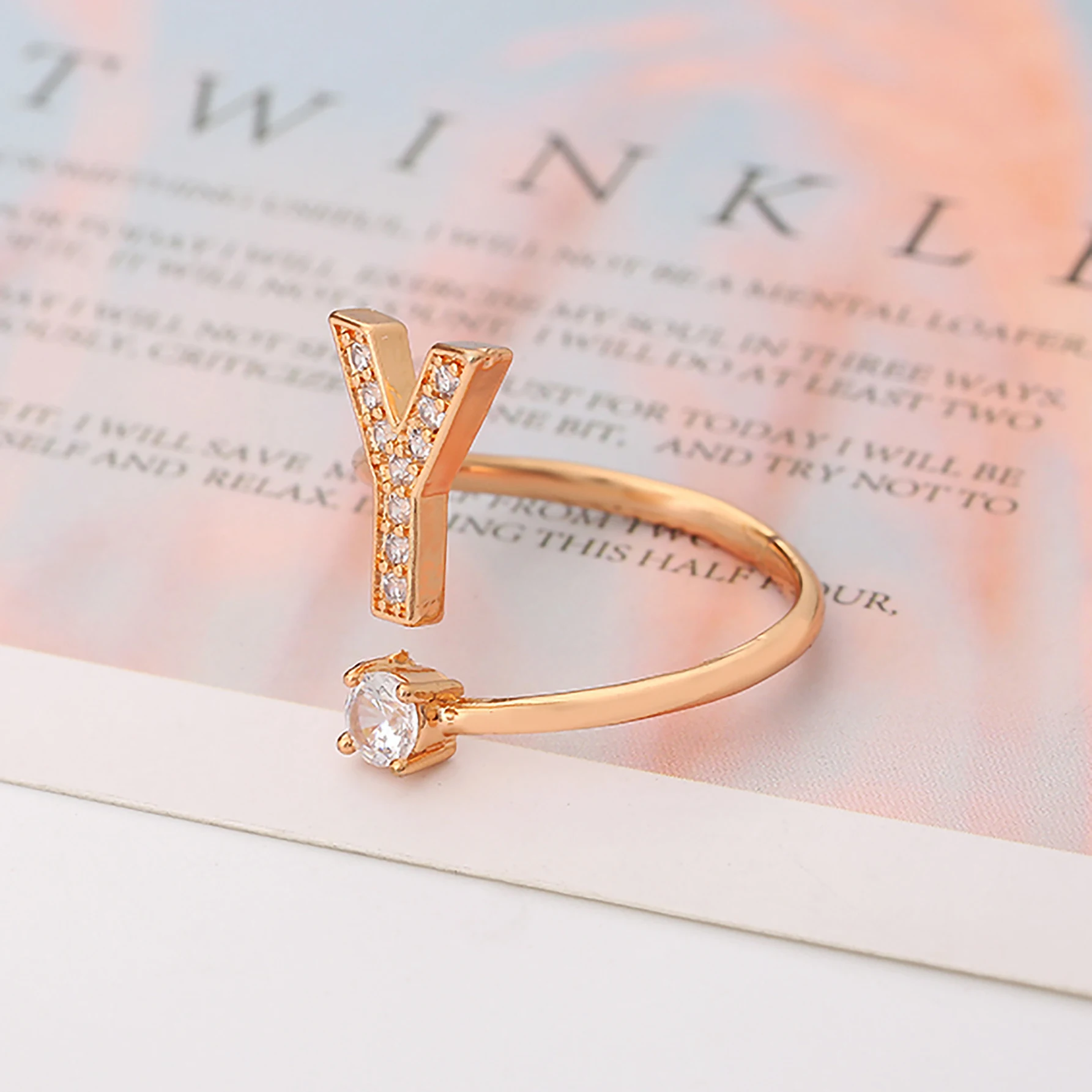 Men and Women Adjustable 14 K Gold Plated A-Z Letter Shiny CZ Initial Alphabet Rings