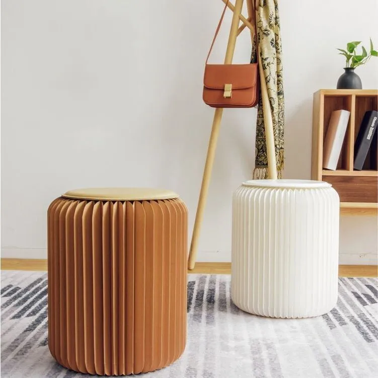 Contemporary Foldable Indoor Furniture Fabric Paper Stool Ottomans with Faux Leather round Pad Removable Design
