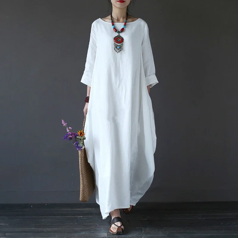 
3XL 4XL 5XL Cotton Women Maxi Dress big Size Summer Autumn Loose Linen Long Sleeve Oversize White red blue Boho Dresses 