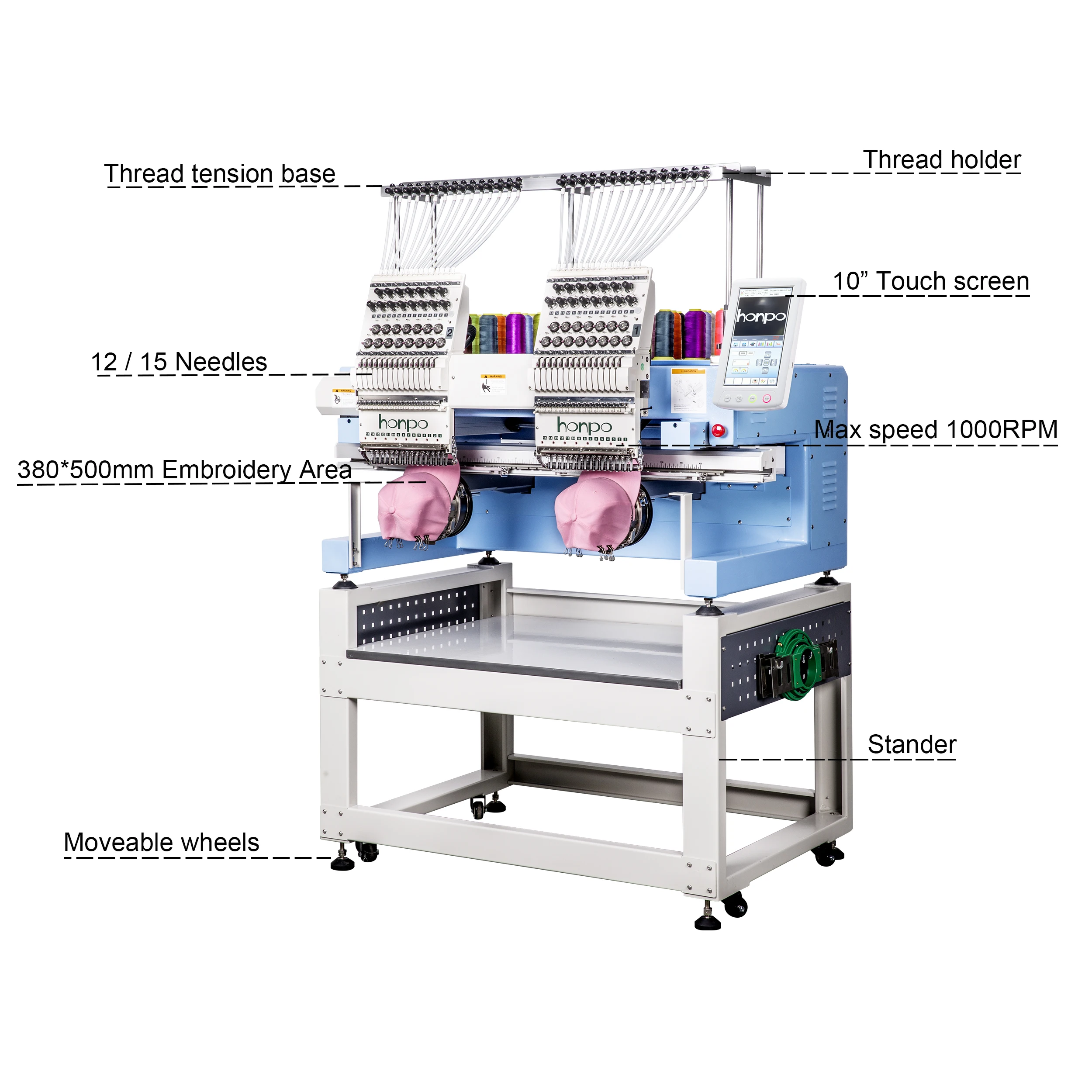 HONPO Best 2 heads computer embroidery machine Automatic thread trimming for cap shirt uniform sweater