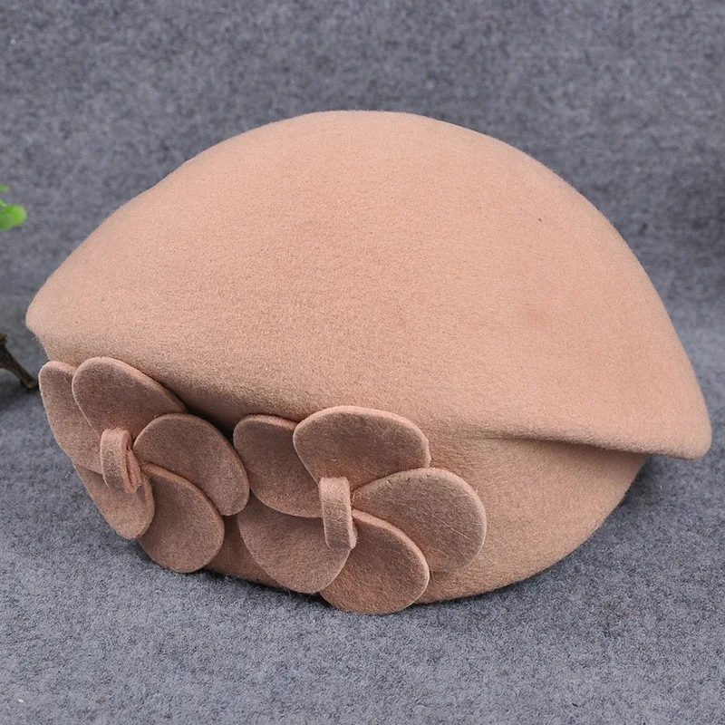 2022 Wholesale Autumn Winter Hat Ladies Elegant Double Flower Wool Beret Floral Dress Pillbox Fascinator Beanie Hat