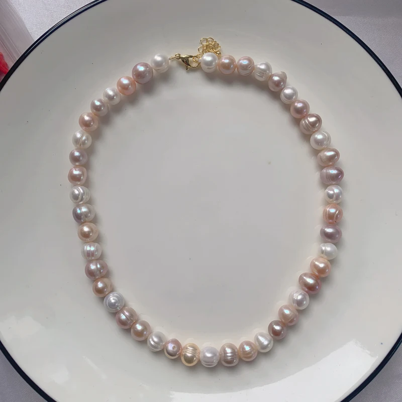 Summer Pink Purple Natural Pearl Necklace White Freshwater Pearl Gold Plated Fashion Necklaces Jewelry