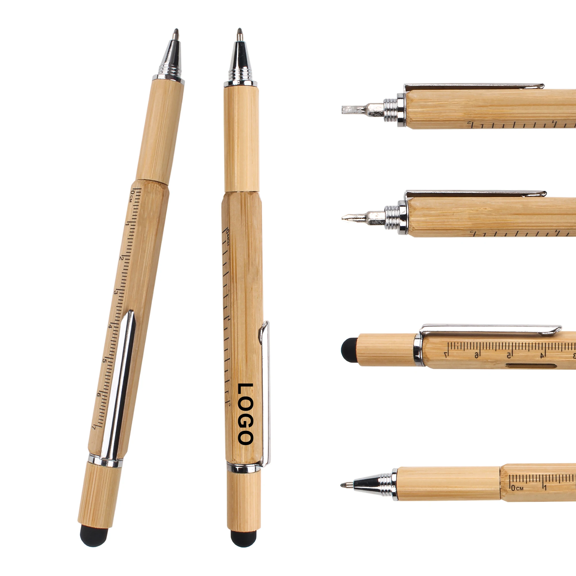 New Arrival Multi Functional Bamboo Material Ballpoint Pen With Screwdriver Level Scale Capacitor Custom Logo