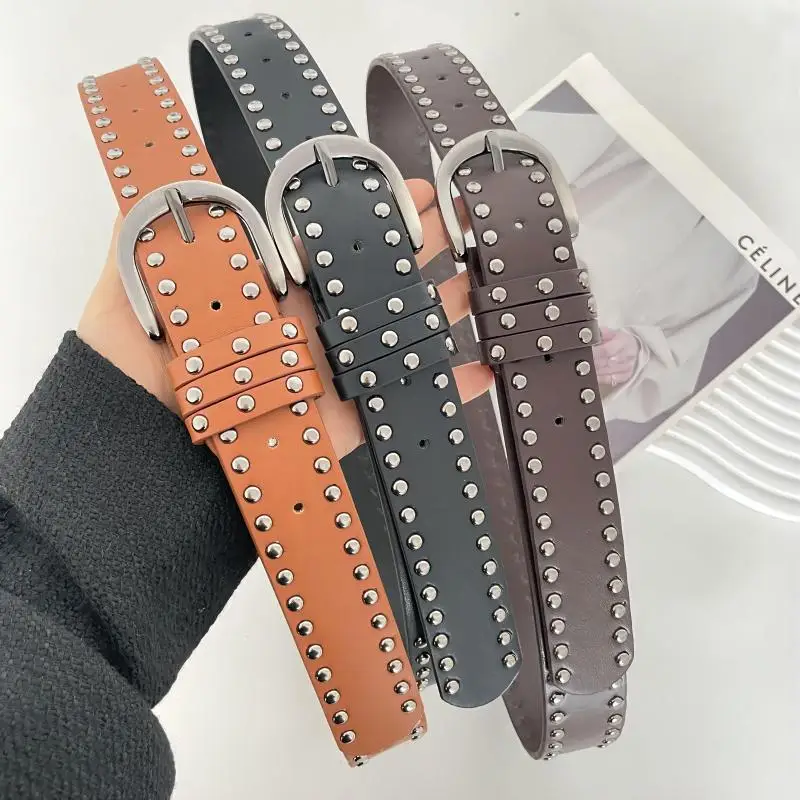 Western Rivet PU Leather Belt for Women Black Brown and Coffee for Jeans and Skirts